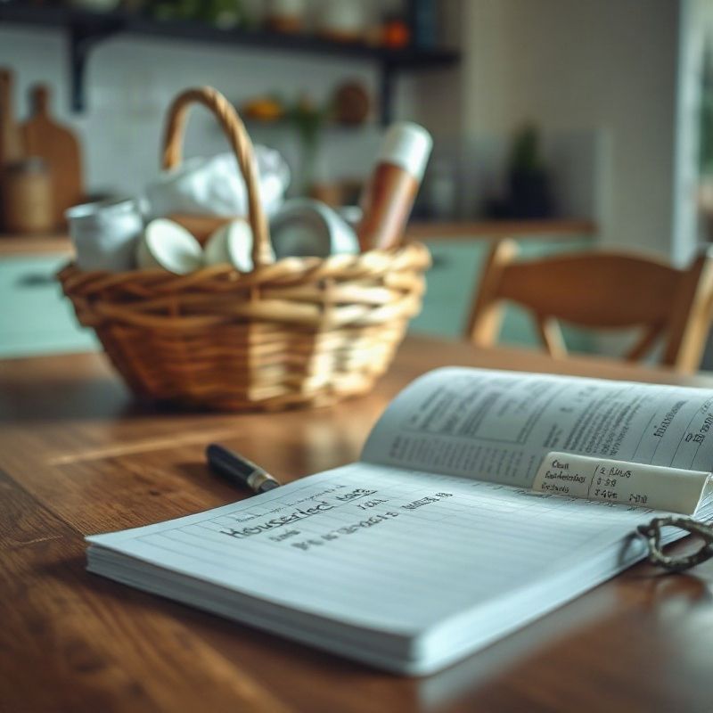 Mesa familiar con un cuaderno de cálculo del presupuesto del hogar y una canasta de bienes básicos